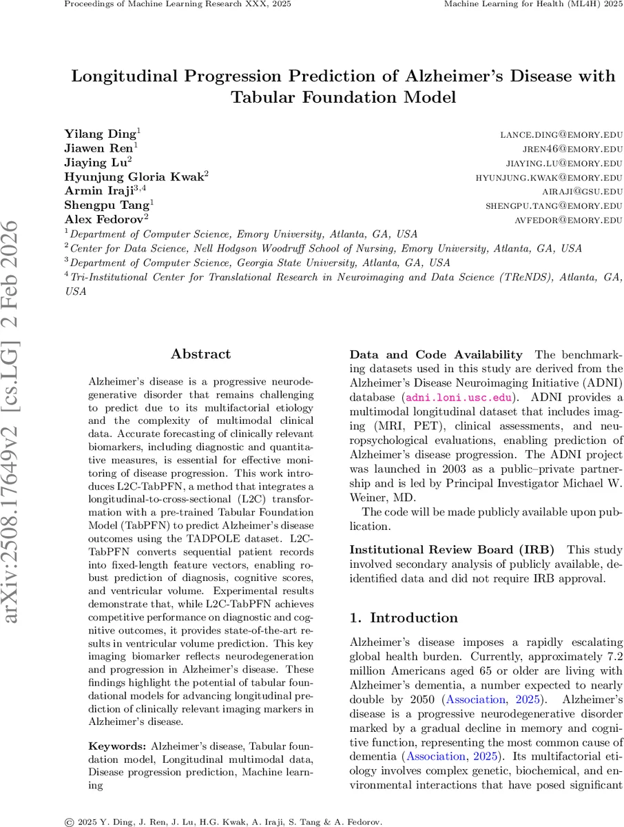 Longitudinal Progression Prediction of Alzheimer's Disease with Tabular Foundation Model