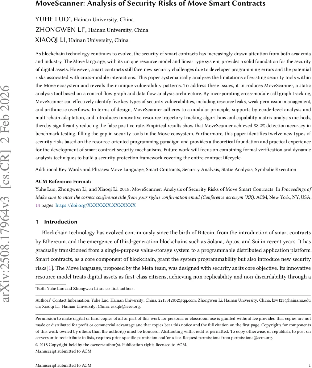 MoveScanner: Analysis of Security Risks of Move Smart Contracts