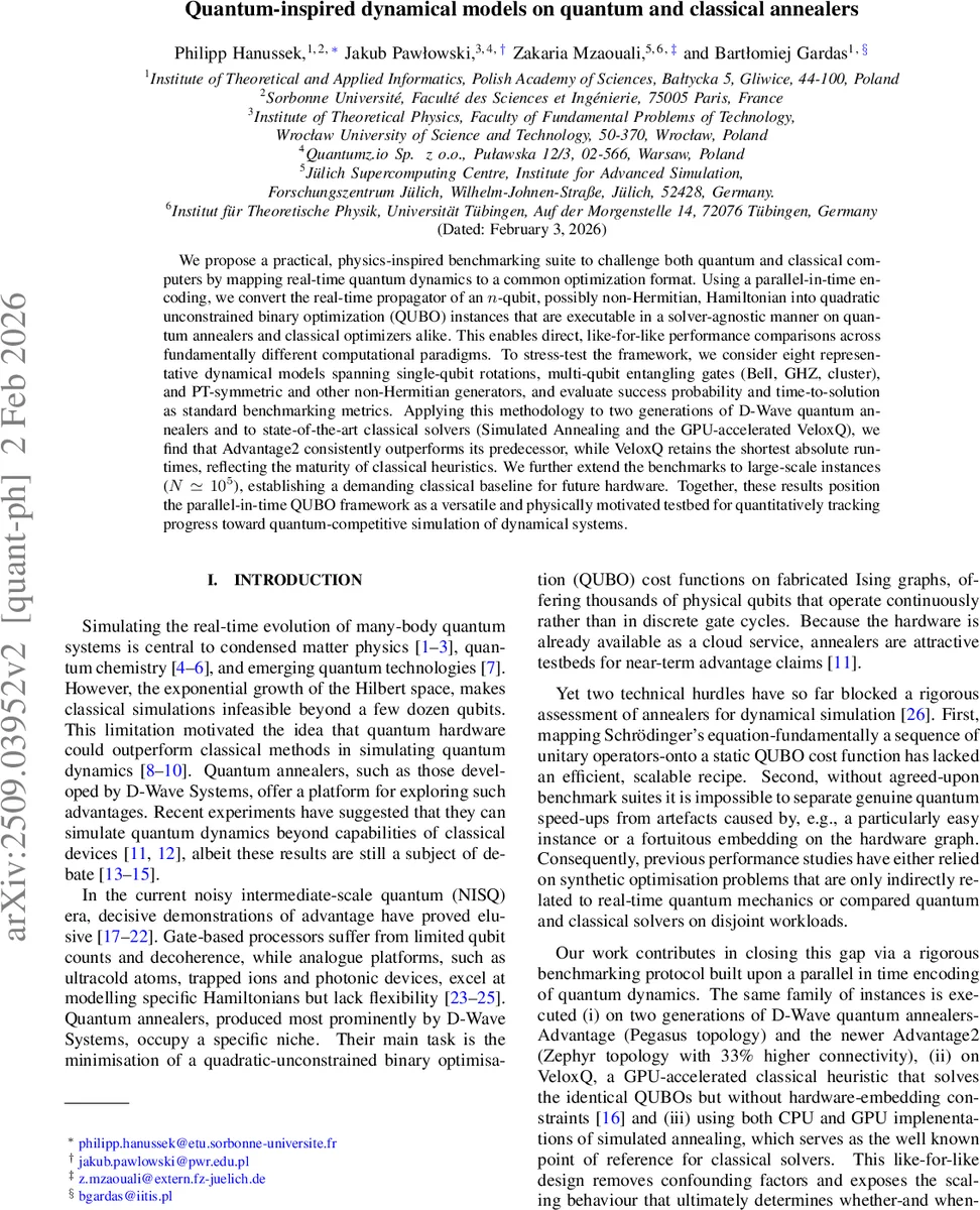 Quantum-inspired dynamical models on quantum and classical annealers