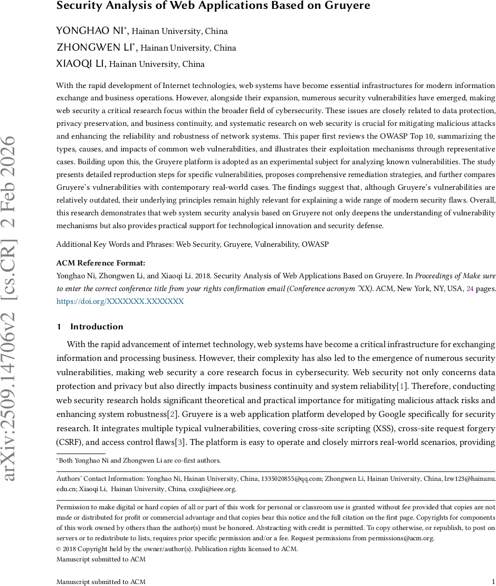 Security Analysis of Web Applications Based on Gruyere