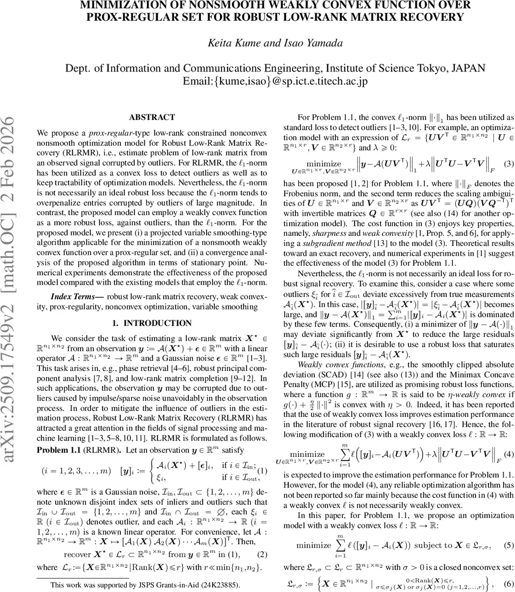 Minimization of Nonsmooth Weakly Convex Function over Prox-regular Set for Robust Low-rank Matrix Recovery