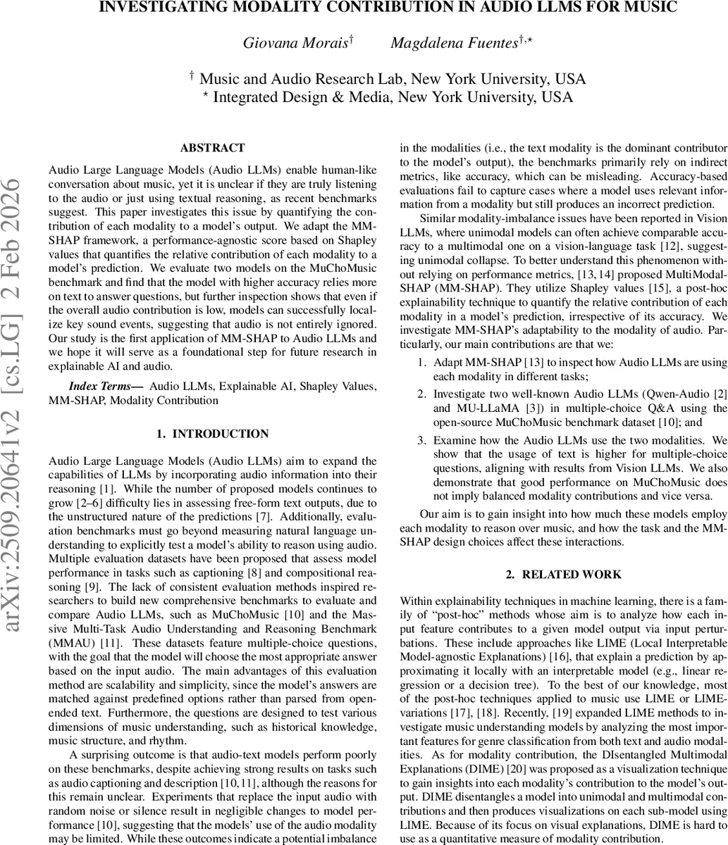 Investigating Modality Contribution in Audio LLMs for Music