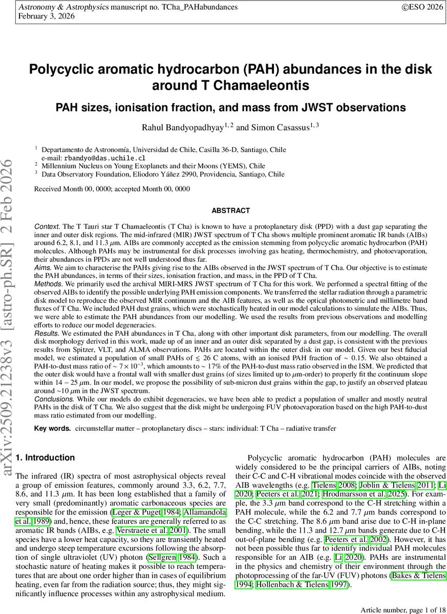 Polycyclic aromatic hydrocarbon (PAH) abundances in the disk around T Chamaeleontis (T Cha): PAH sizes, ionization fraction, and mass during JWST observations