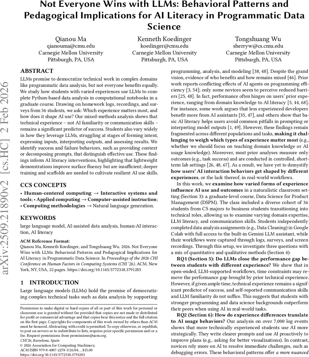 Not Everyone Wins with LLMs: Behavioral Patterns and Pedagogical Implications for AI Literacy in Programmatic Data Science