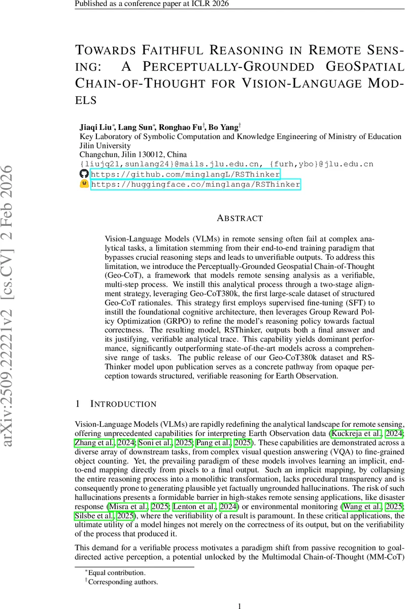 Towards Faithful Reasoning in Remote Sensing: A Perceptually-Grounded GeoSpatial Chain-of-Thought for Vision-Language Models
