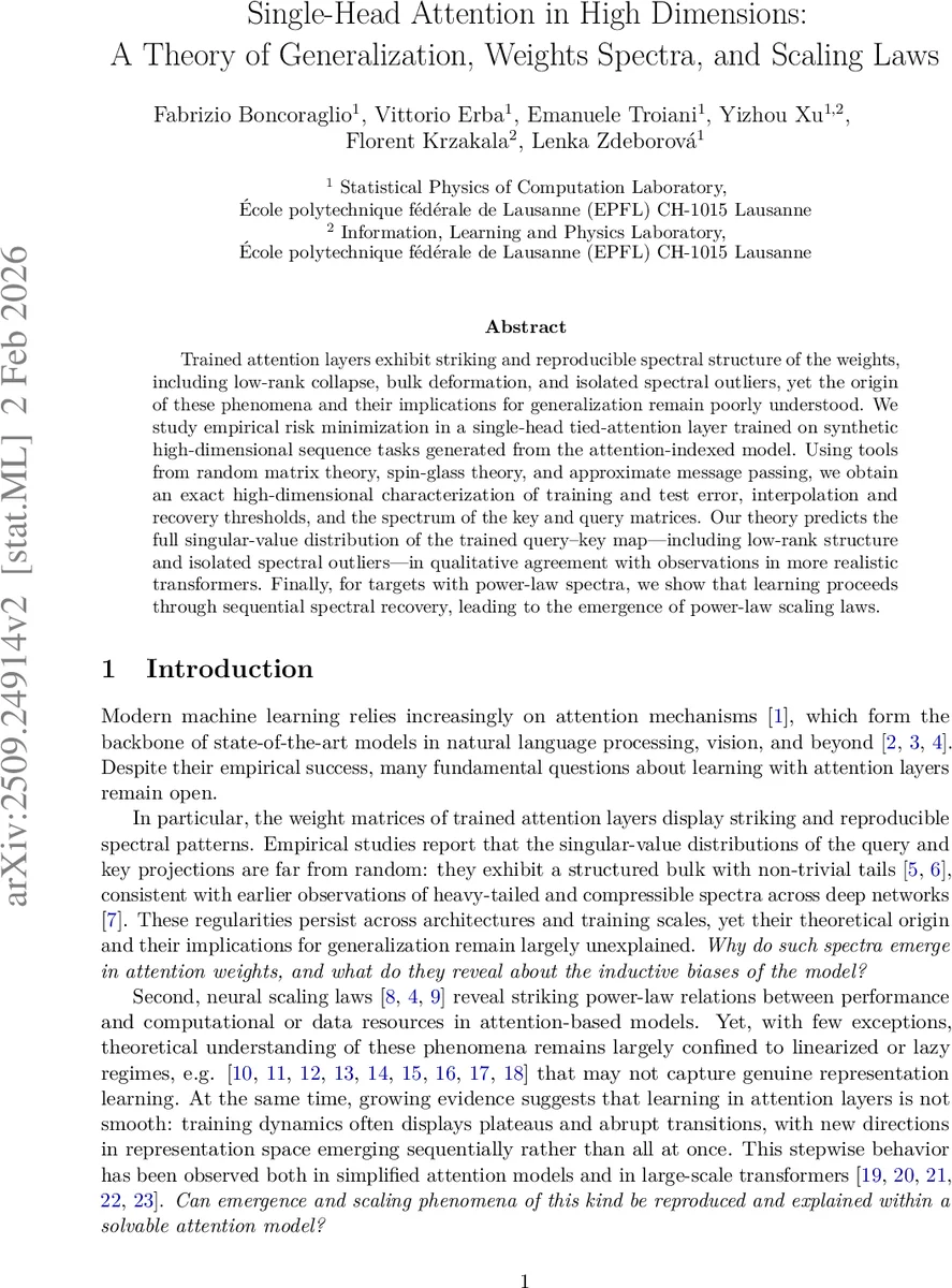 Single-Head Attention in High Dimensions: A Theory of Generalization, Weights Spectra, and Scaling Laws
