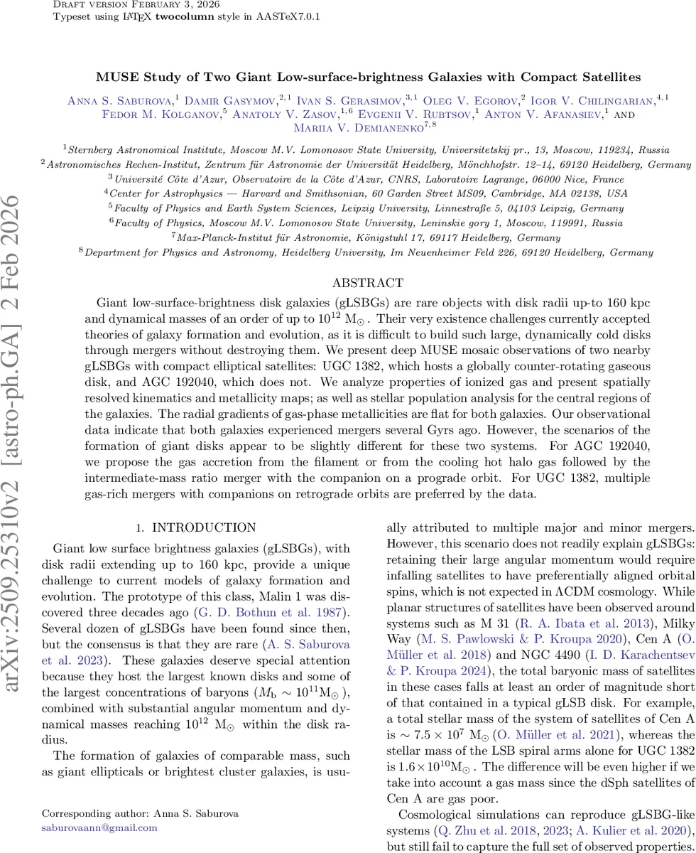 MUSE Study of Two Giant Low-surface-brightness Galaxies with Compact Satellites