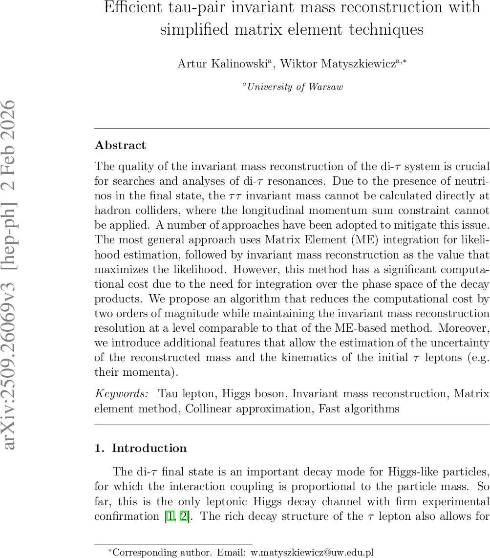Efficient tau-pair invariant mass reconstruction with simplified matrix element techniques