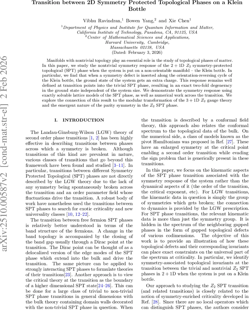Transition between 2D Symmetry Protected Topological Phases on a Klein Bottle