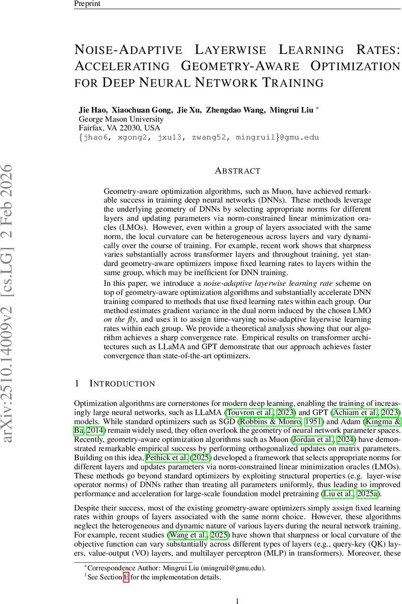 Noise-Adaptive Layerwise Learning Rates: Accelerating Geometry-Aware Optimization for Deep Neural Network Training