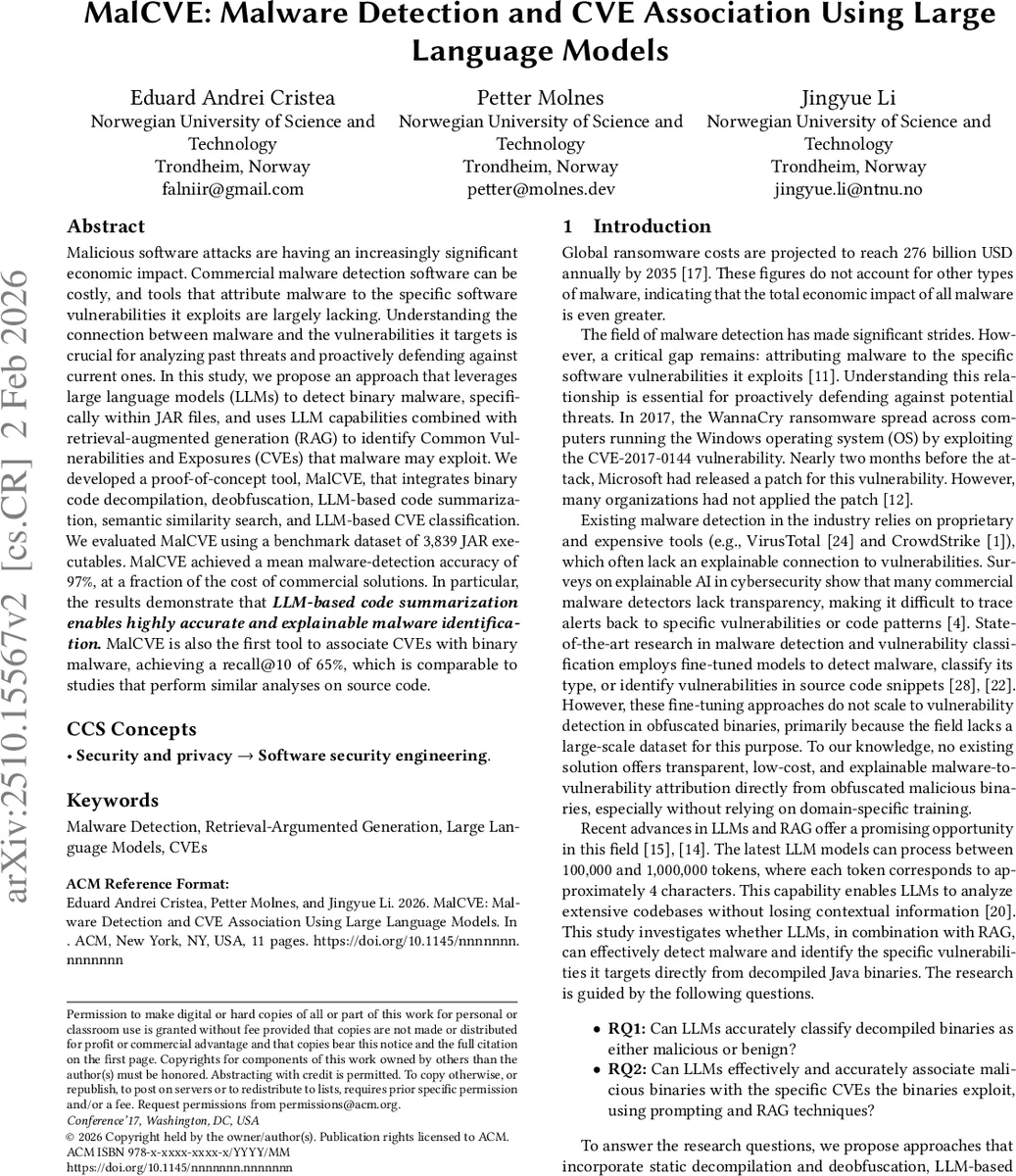 MalCVE: Malware Detection and CVE Association Using Large Language Models