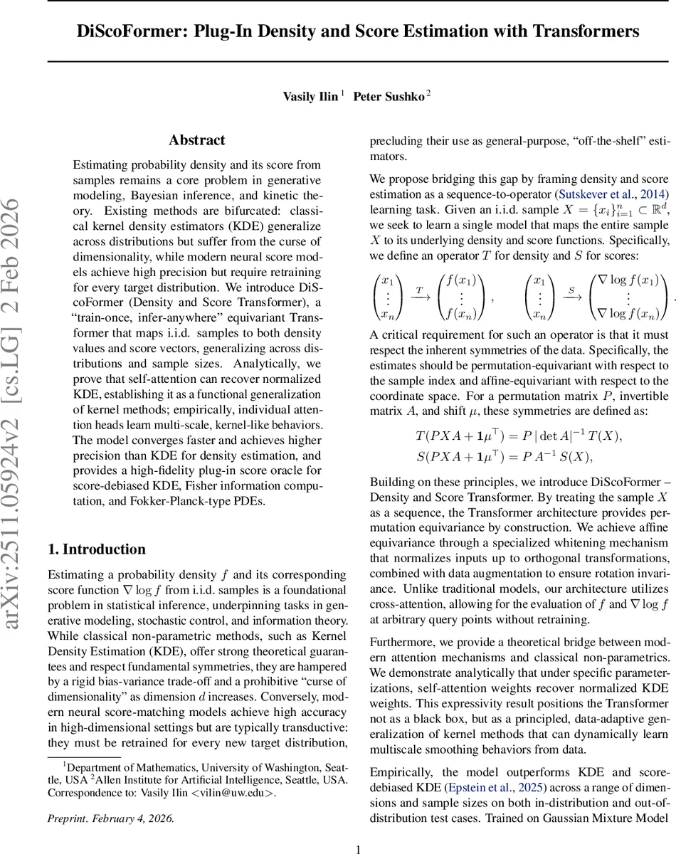DiScoFormer: Plug-In Density and Score Estimation with Transformers