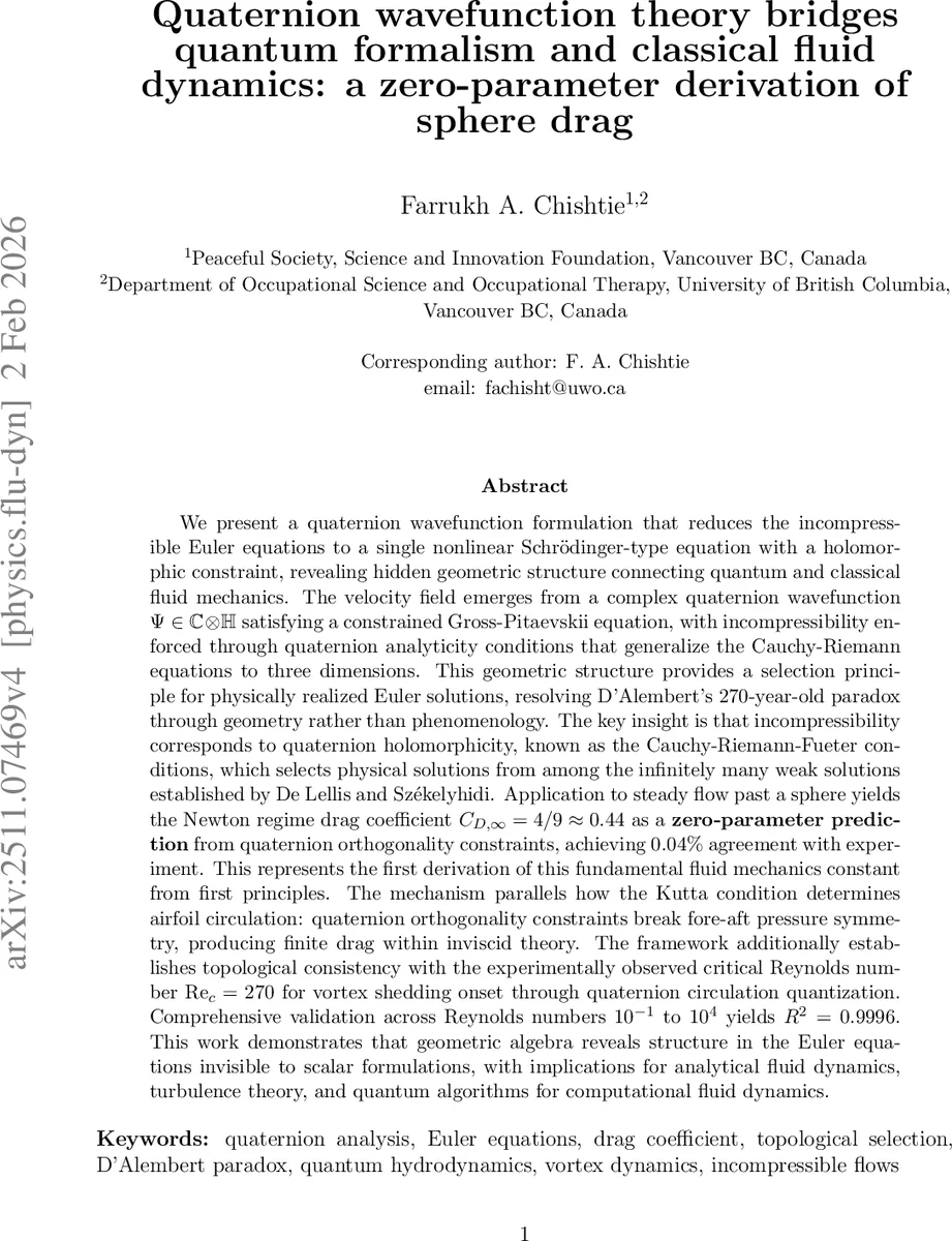 Quaternion wavefunction theory bridges quantum formalism and classical fluid dynamics: a zero-parameter derivation of sphere drag