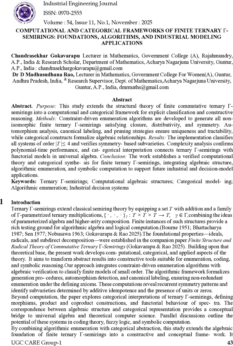 Computational and Categorical Frameworks of Finite Ternary $Γ$-Semirings: Foundations, Algorithms, and Industrial Modeling Applications