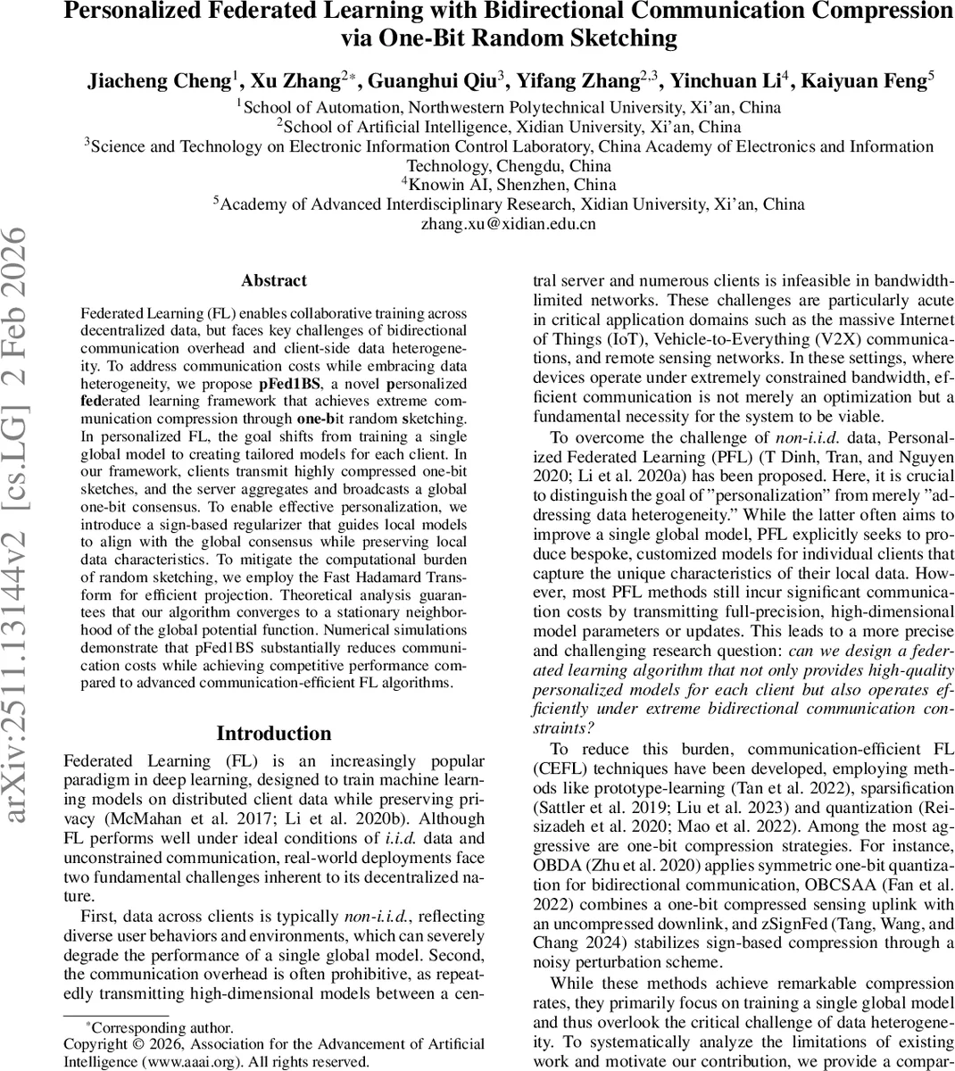 Personalized Federated Learning with Bidirectional Communication Compression via One-Bit Random Sketching