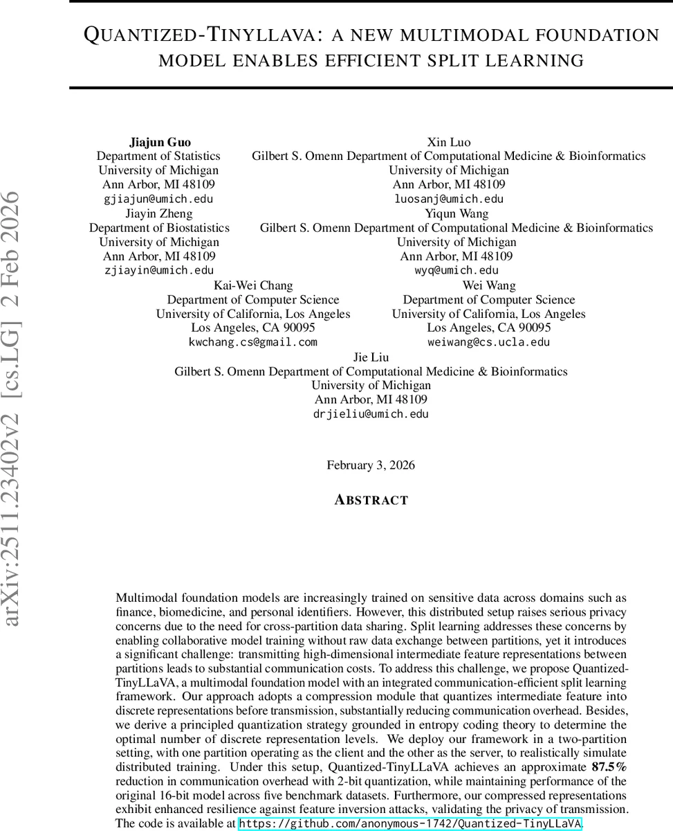 Quantized-Tinyllava: a new multimodal foundation model enables efficient split learning