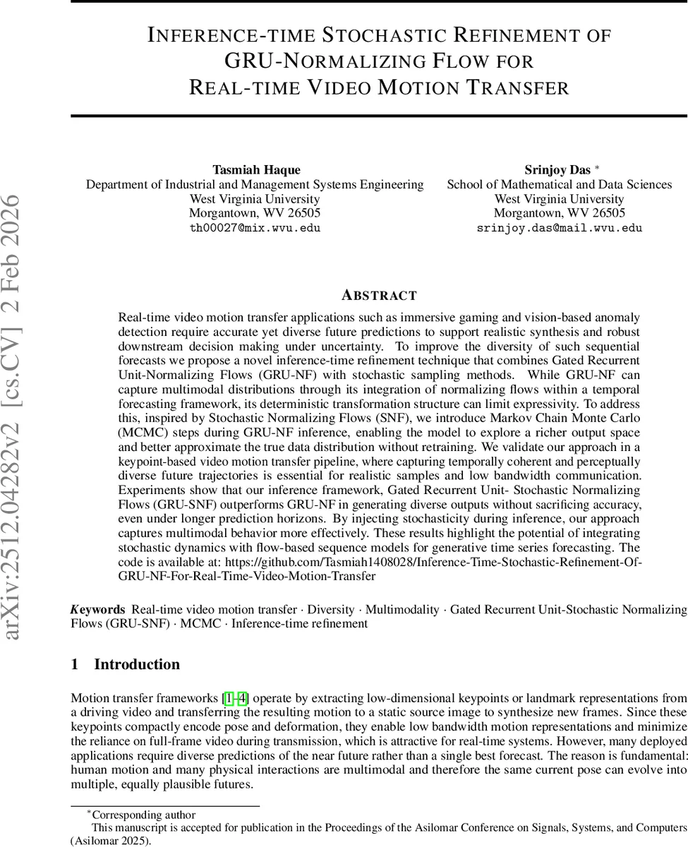 Inference-time Stochastic Refinement of GRU-Normalizing Flow for Real-time Video Motion Transfer