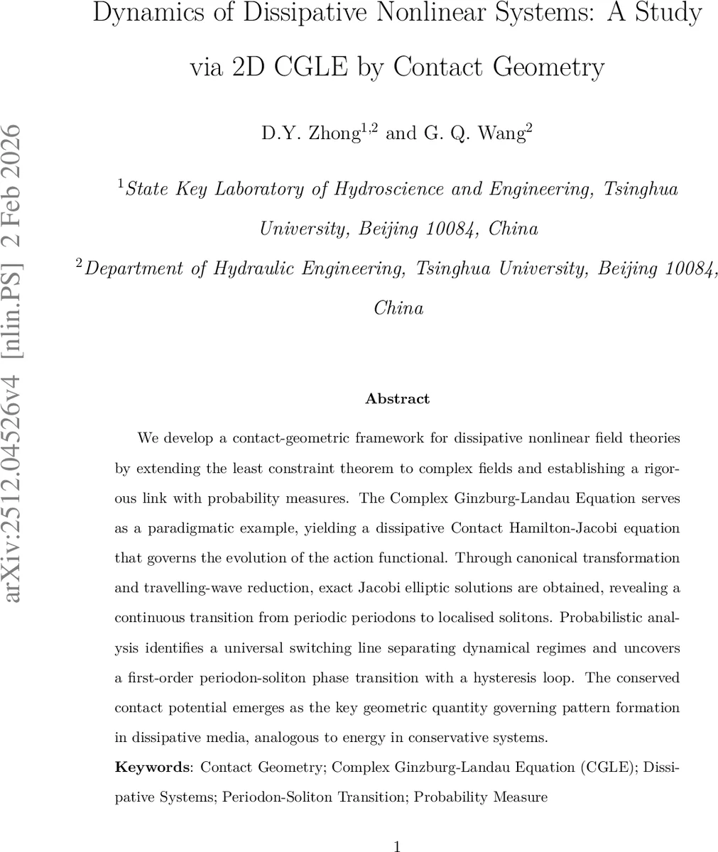 Dynamics of Dissipative Nonlinear Systems: A Study via 2D CGLE by Contact Geometry