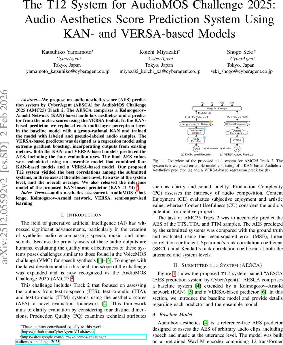 The T12 System for AudioMOS Challenge 2025: Audio Aesthetics Score Prediction System Using KAN- and VERSA-based Models