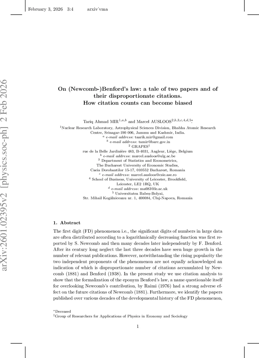 On (Newcomb-)Benford's law: a tale of two papers and of their disproportionate citations. How citation counts can become biased
