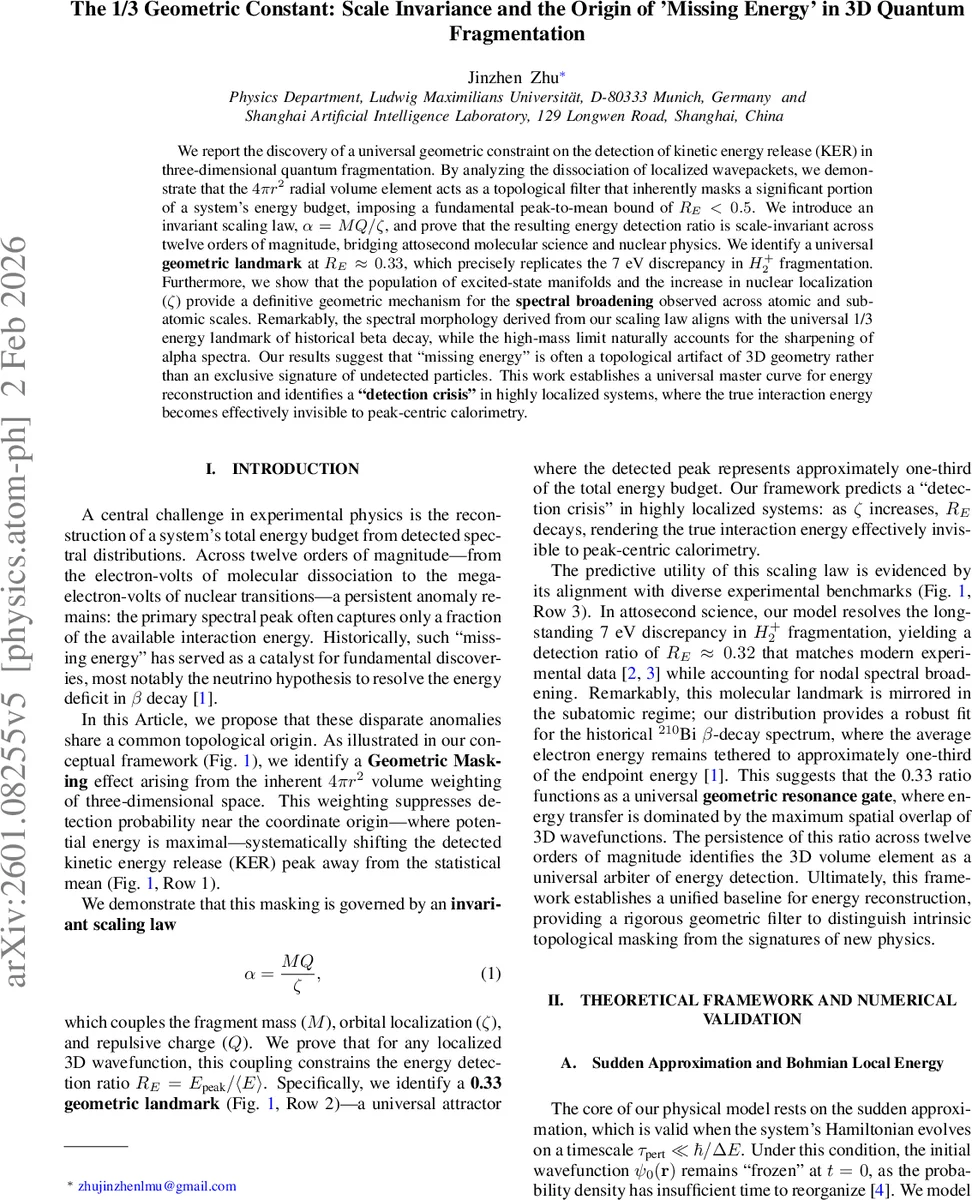 The 1/3 Geometric Constant: Scale Invariance and the Origin of 'Missing Energy' in 3D Quantum Fragmentation