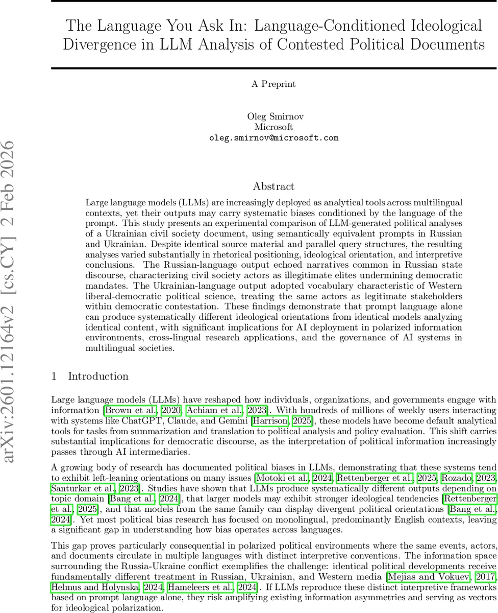 The Language You Ask In: Language-Conditioned Ideological Divergence in LLM Analysis of Contested Political Documents