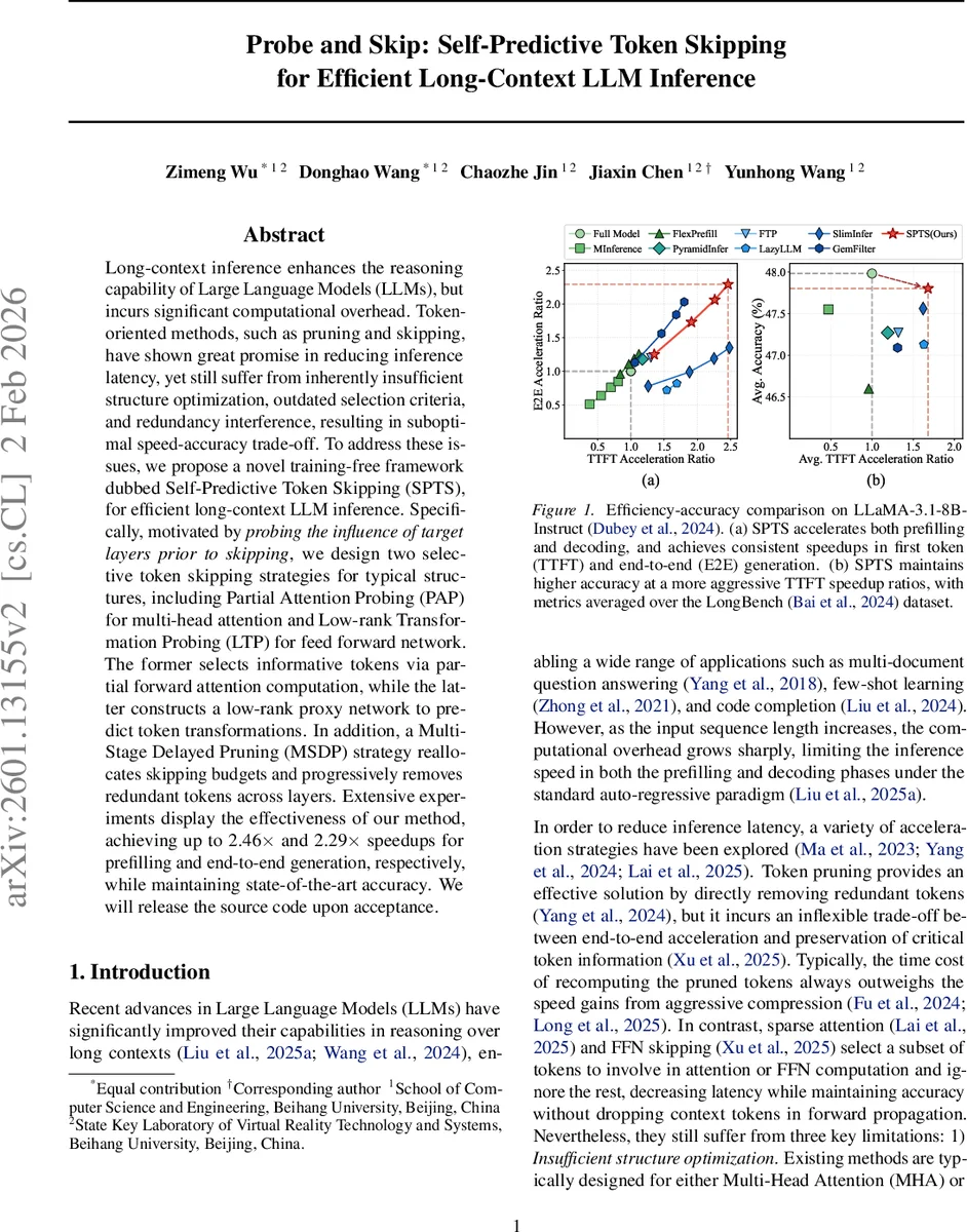 Probe and Skip: Self-Predictive Token Skipping for Efficient Long-Context LLM Inference