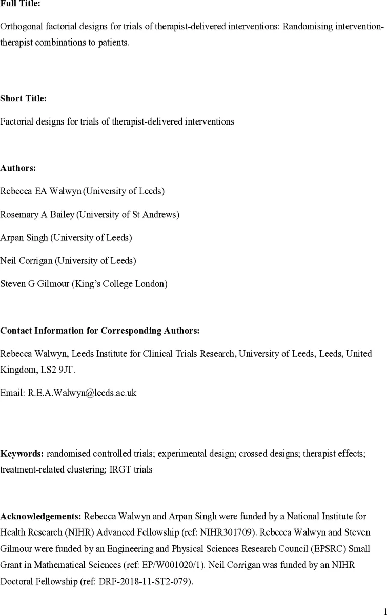 Orthogonal factorial designs for trials of therapist-delivered interventions: Randomising intervention-therapist combinations to patients