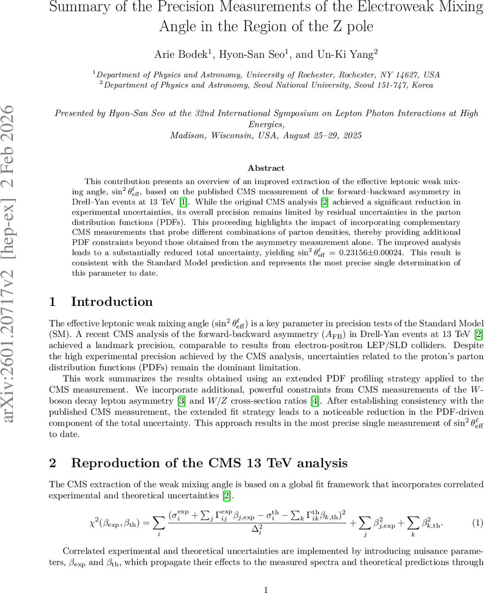 Summary of the Precision Measurements of the Electroweak Mixing Angle in the Region of the Z pole