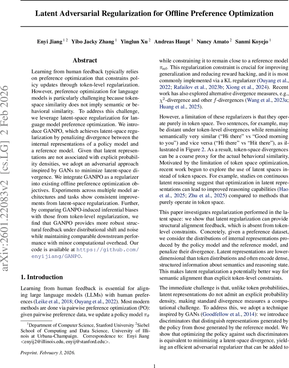 Latent Adversarial Regularization for Offline Preference Optimization