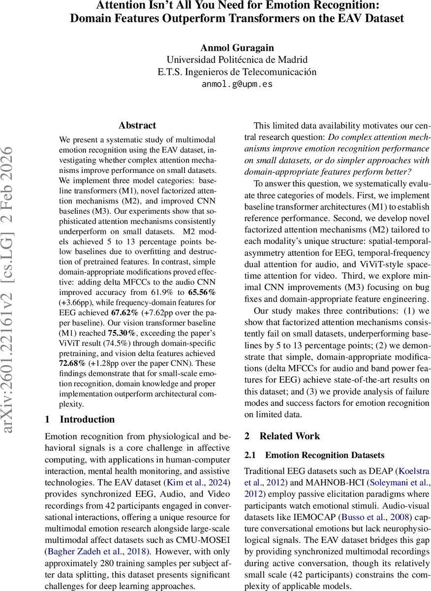 Attention Isn't All You Need for Emotion Recognition:Domain Features Outperform Transformers on the EAV Dataset
