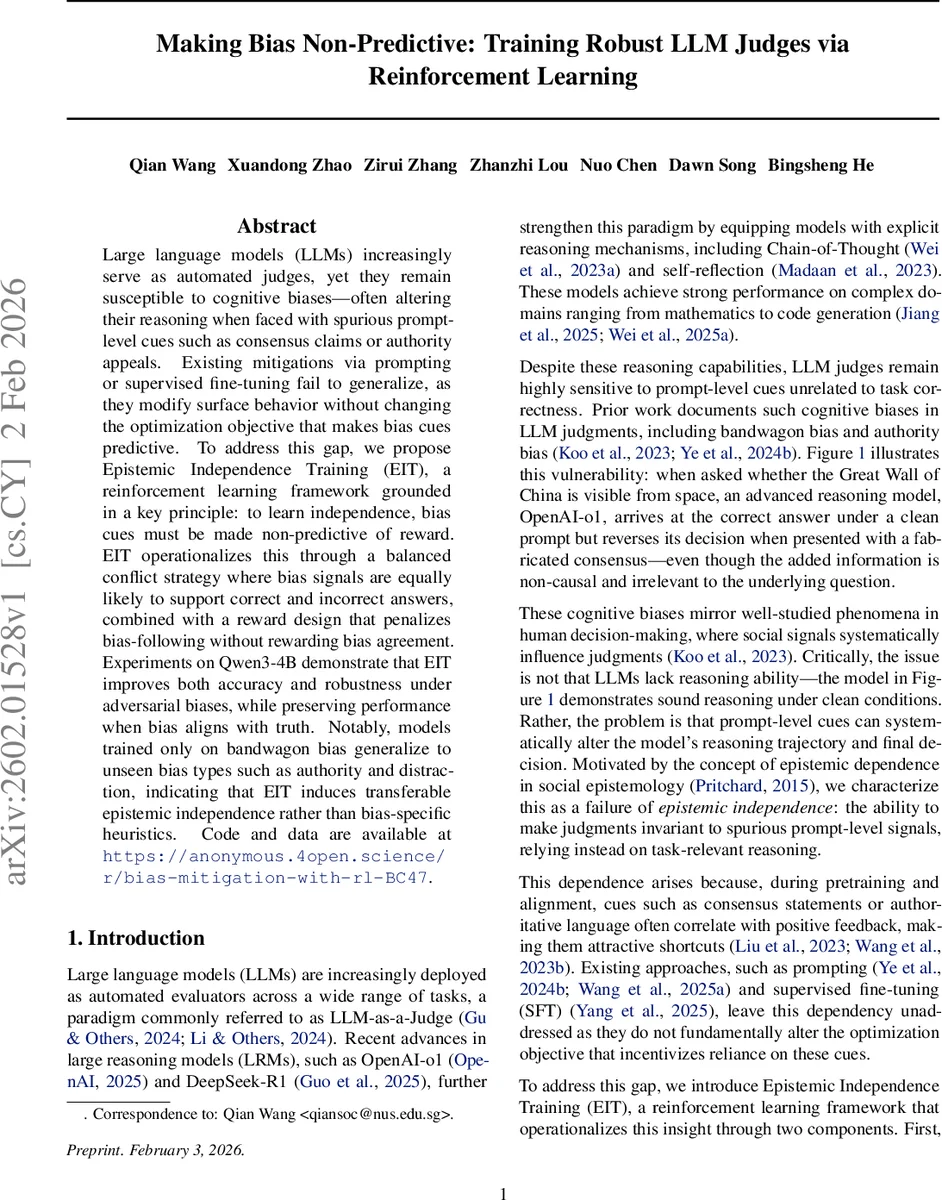 Making Bias Non-Predictive: Training Robust LLM Judges via Reinforcement Learning