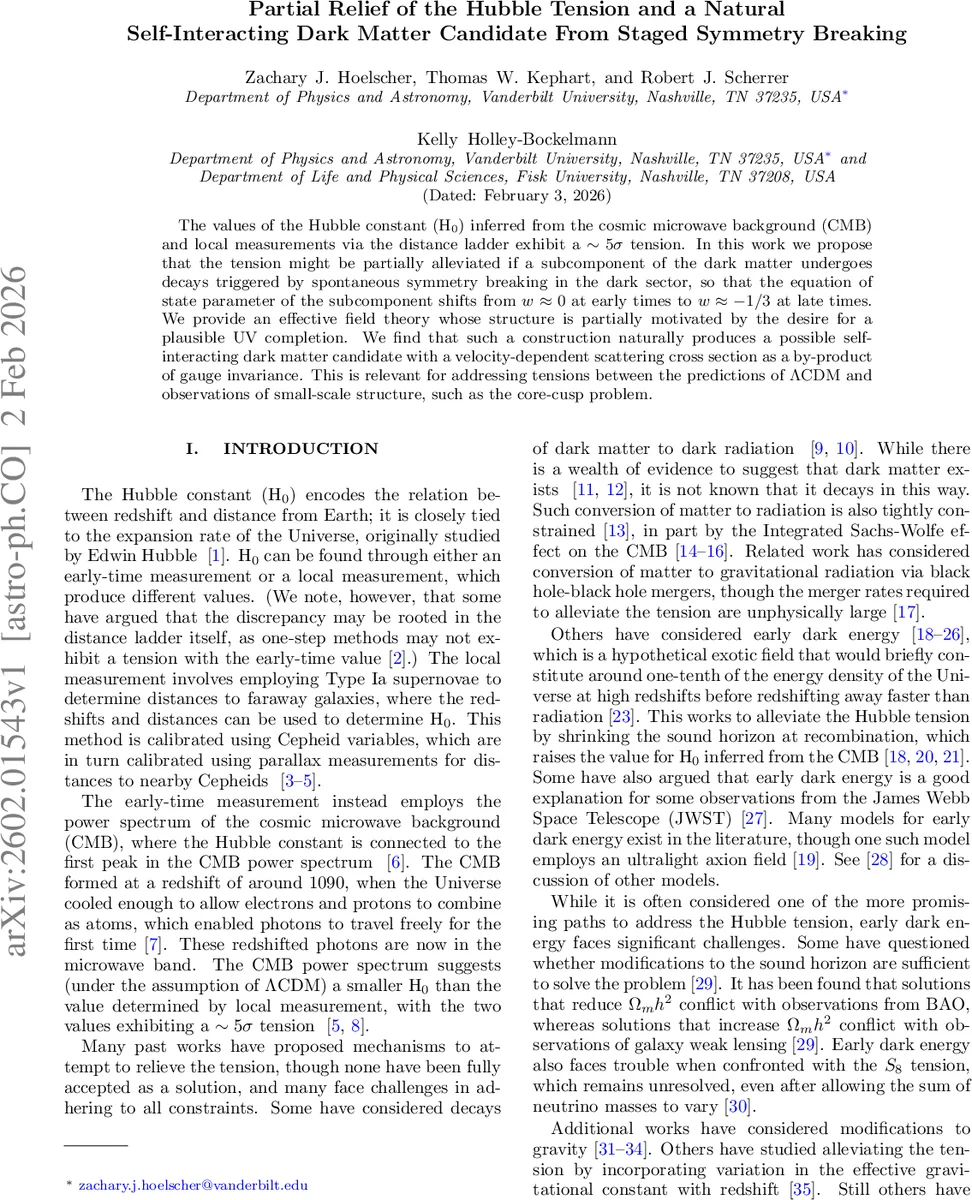 Partial Relief of the Hubble Tension and a Natural Self-Interacting Dark Matter Candidate From Staged Symmetry Breaking