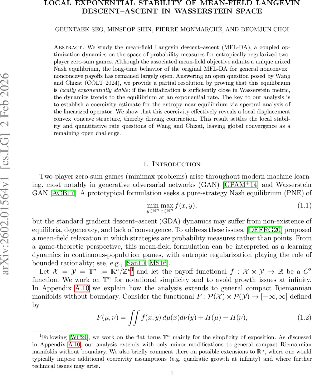 Local Exponential Stability of Mean-Field Langevin Descent-Ascent in Wasserstein Space