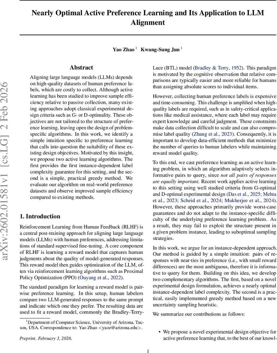 Nearly Optimal Active Preference Learning and Its Application to LLM Alignment