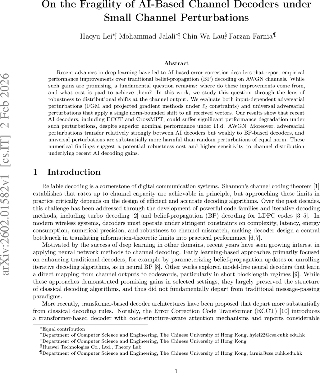 On the Fragility of AI-Based Channel Decoders under Small Channel Perturbations