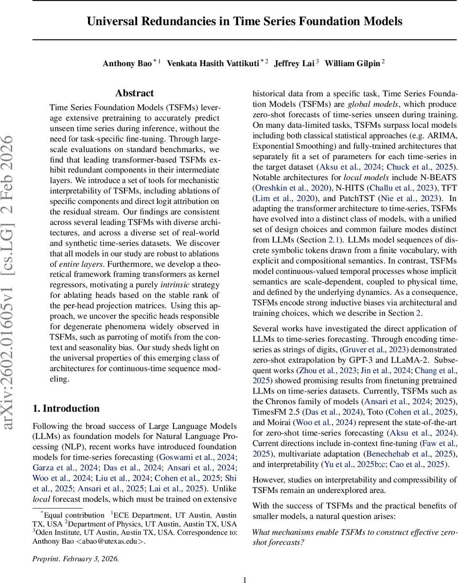 Universal Redundancies in Time Series Foundation Models