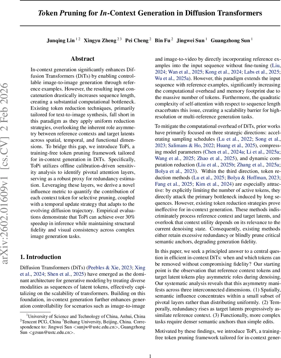 Token Pruning for In-Context Generation in Diffusion Transformers