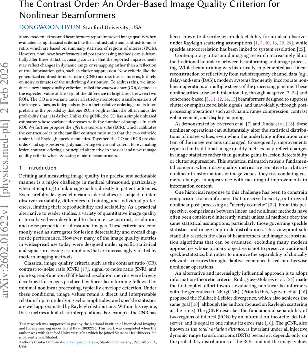 The Contrast Order: An Order-Based Image Quality Criterion for Nonlinear Beamformers