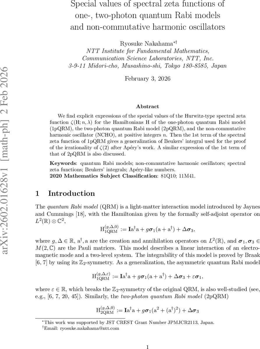 Special values of spectral zeta functions of one-, two-photon quantum Rabi models and non-commutative harmonic oscillators