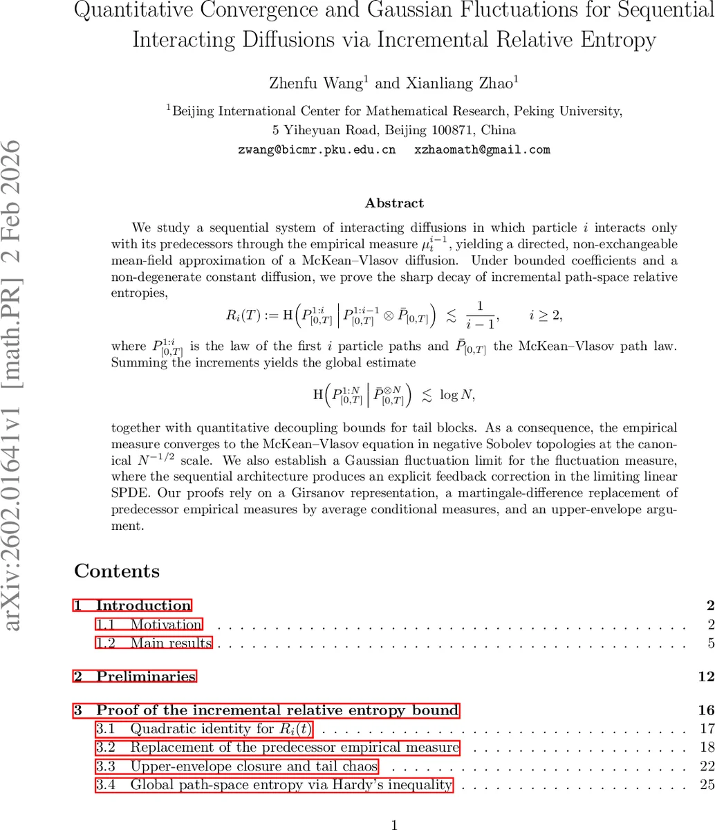 Quantitative Convergence and Gaussian Fluctuations for Sequential Interacting Diffusions via Incremental Relative Entropy