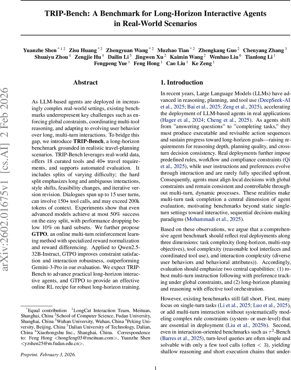 TRIP-Bench: A Benchmark for Long-Horizon Interactive Agents in Real-World Scenarios