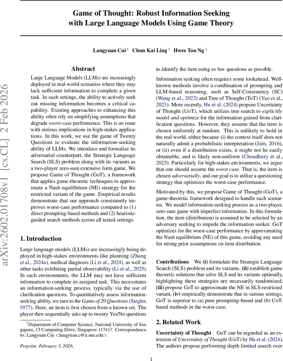 Game of Thought: Robust Information Seeking with Large Language Models Using Game Theory