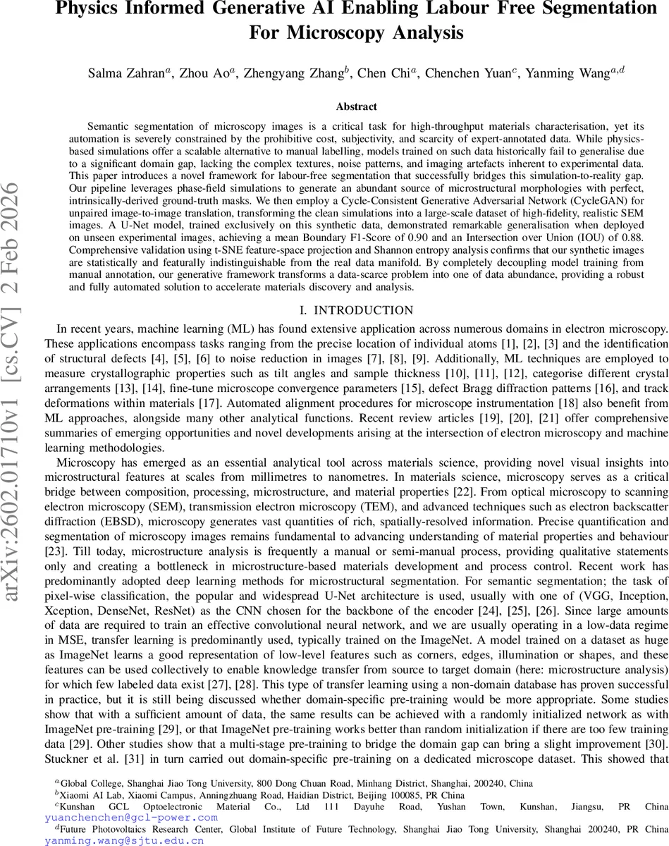 Physics Informed Generative AI Enabling Labour Free Segmentation For Microscopy Analysis