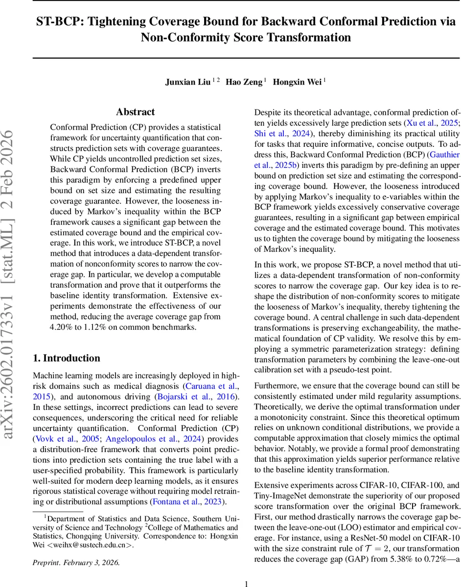 ST-BCP: Tightening Coverage Bound for Backward Conformal Prediction via Non-Conformity Score Transformation