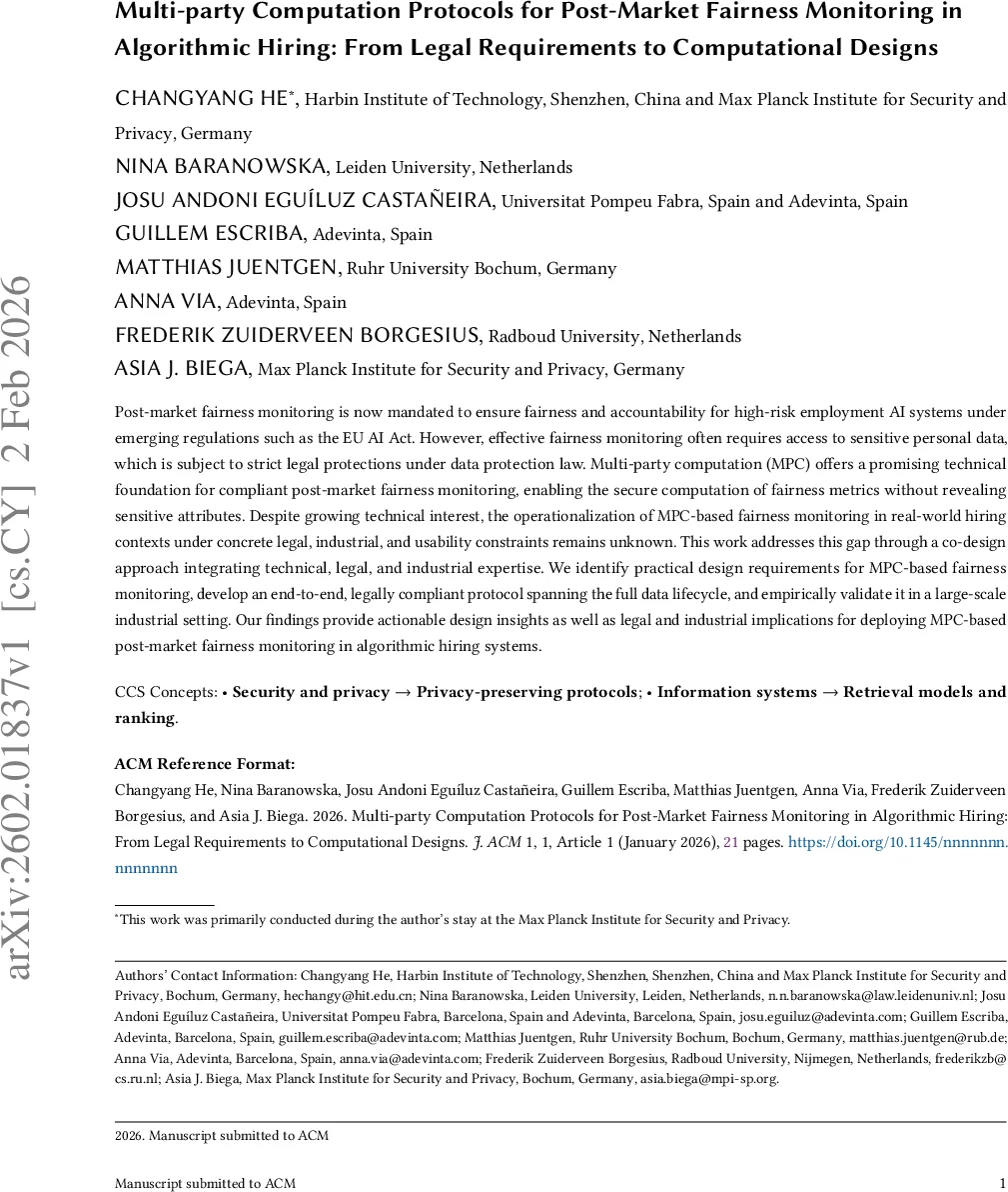 Multi-party Computation Protocols for Post-Market Fairness Monitoring in Algorithmic Hiring: From Legal Requirements to Computational Designs