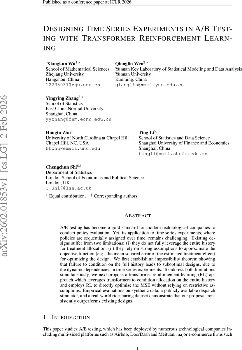 Designing Time Series Experiments in A/B Testing with Transformer Reinforcement Learning