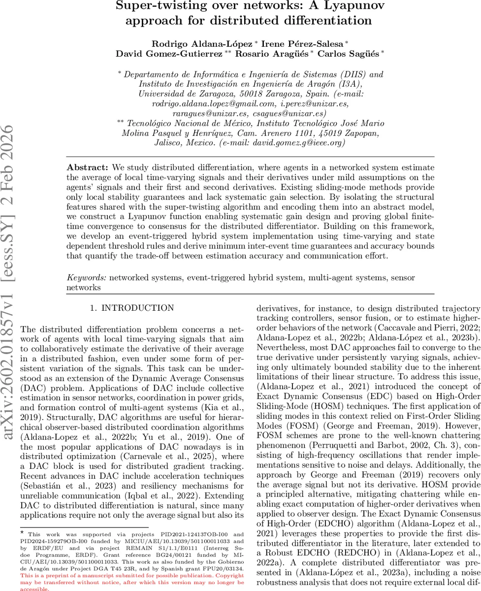 Super-twisting over networks: A Lyapunov approach for distributed differentiation
