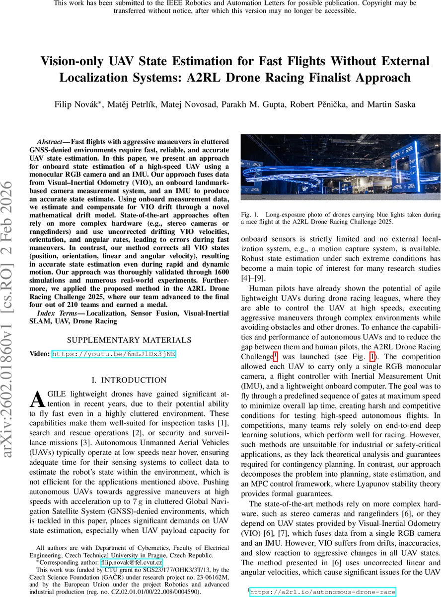 Vision-only UAV State Estimation for Fast Flights Without External Localization Systems: A2RL Drone Racing Finalist Approach