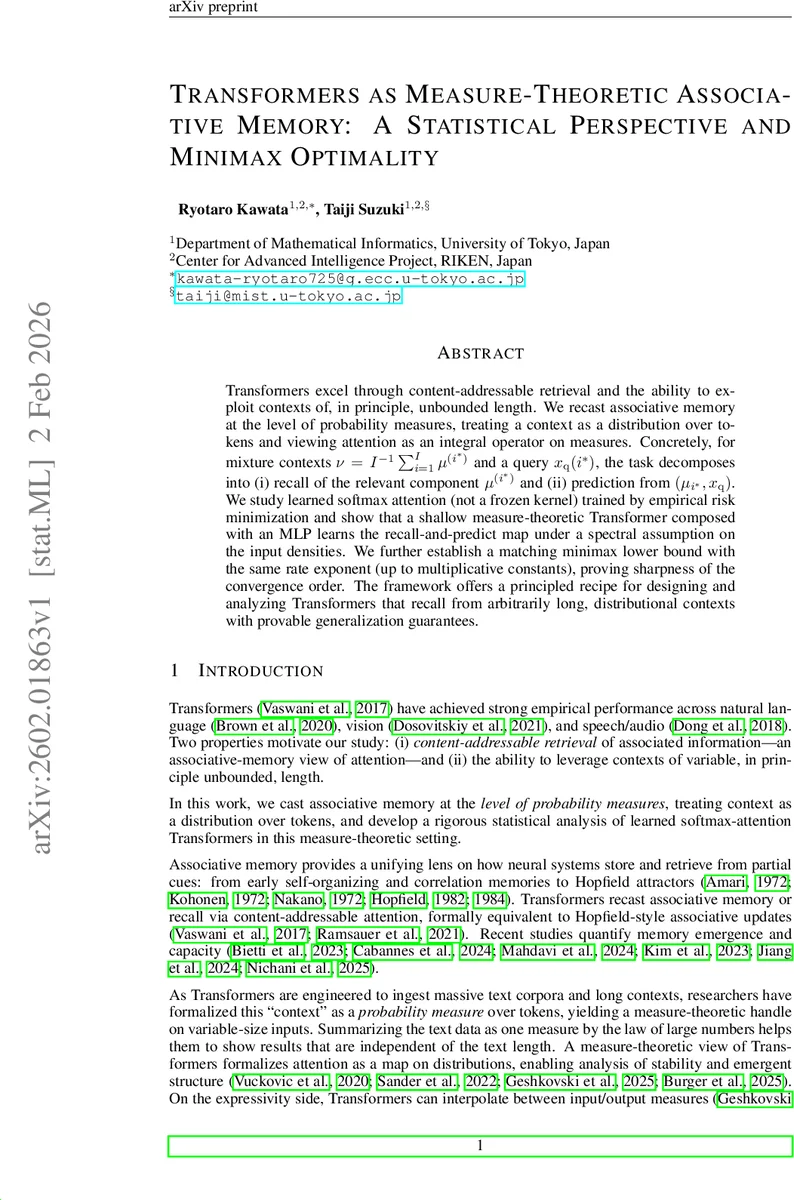 Transformers as Measure-Theoretic Associative Memory: A Statistical Perspective and Minimax Optimality
